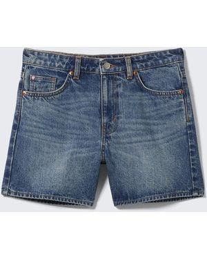 Monki Aimo Mid-Rise Straight Leg Denim Shorts - Blue
