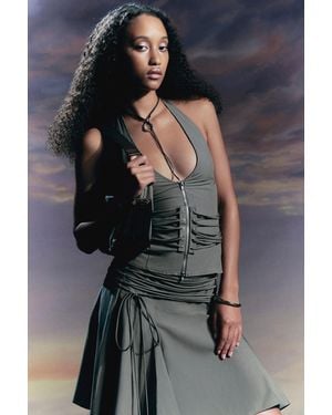 Weekday Tie Waist V-Neck Zip Halter Top - Green