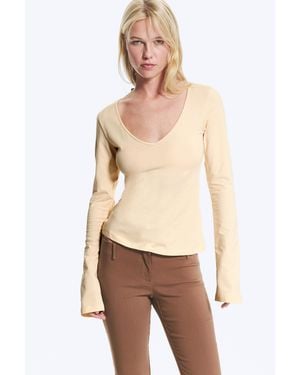 Monki Slim V‑Neck Jersey Top - Natural
