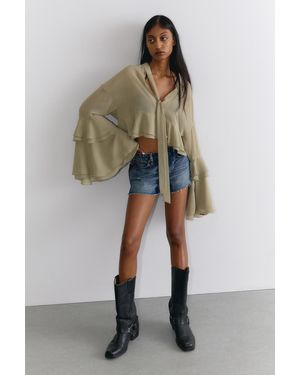 Monki Flared Frill-Sleeved Tie-Neck Blouse - Green