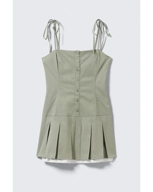 Weekday Pleated Tie-Strap Mini Twill Dress - Green