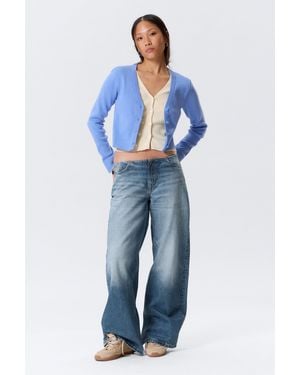 Monki Knitted Double-Layered V-Neck Cardigan - Blue