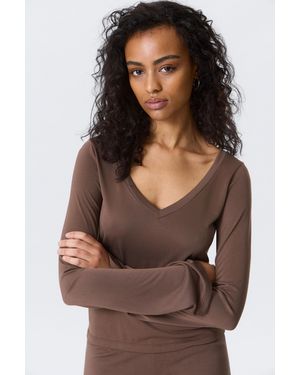 Monki Long-Sleeved V-Neck Top - Brown