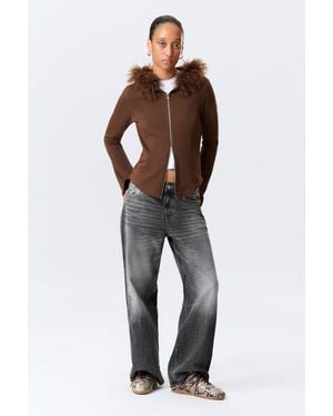 Monki Fitted Zip Hoodie With Faux-Fur Trim - Brown