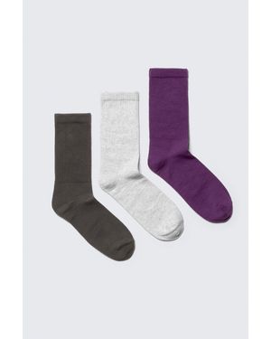 Weekday 3-Pack Ribbed Sporty Crew Socks - Purple