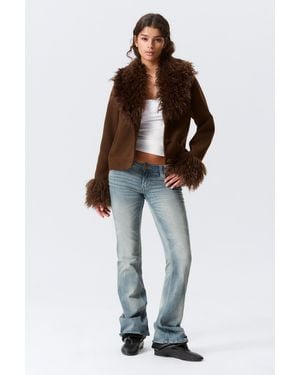 Monki Cropped Faux Fur Trim Jacket - Brown