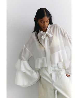 Monki Flared Frill-Sleeved Tie-Neck Blouse - Grey