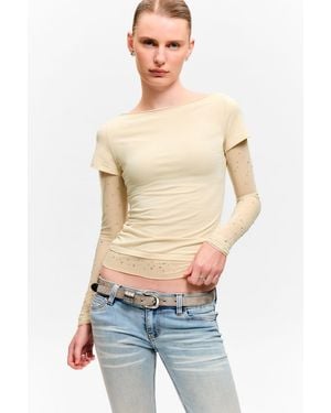 Monki Rhinestone Mesh-Sleeve Top - Blue