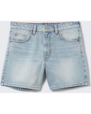 Monki Aimo Mid-Rise Straight Leg Denim Shorts - Blue