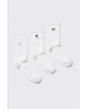 Monki 3-Pack Embroidered Crew Socks - White