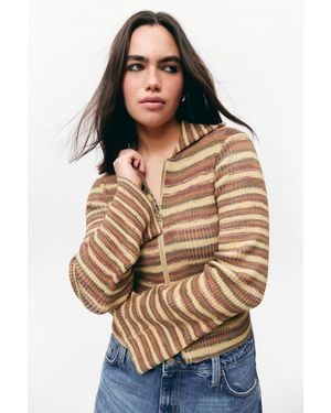 Monki Flare-Sleeved Rib-Knitted Cardigan - Brown