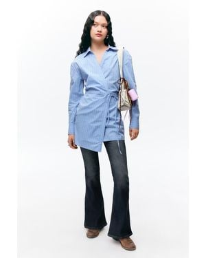 Monki Long-Sleeved Mini Wrap Shirt Dress - Blue