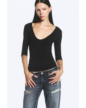 Weekday Deep V-Neck Three-Quarter Sleeve Top - Black