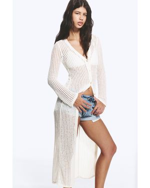 Monki Open-Knit V-Neck Maxi Cardigan - White