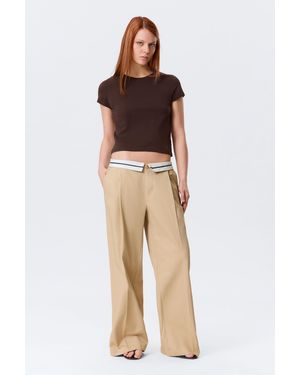 Monki Low Rise Folded Waist Twill Trousers - Natural