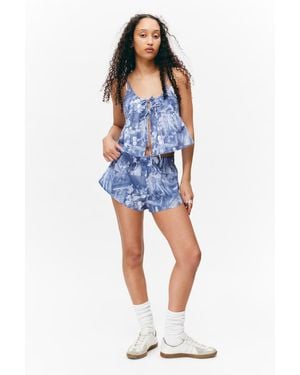 Monki Mid-Rise Printed Poplin Pyjama Shorts - Blue