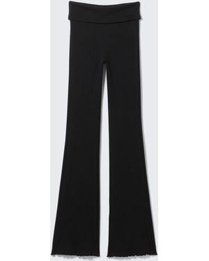 Monki Ribbed Fold-Over Waist Flared Trousers - Black