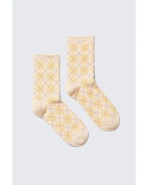 Monki Jacquard Knit Argyle Crew Socks - White