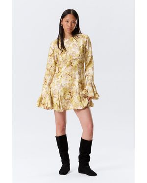 Monki Slim Long-Sleeved Mini Flounce Dress - Natural