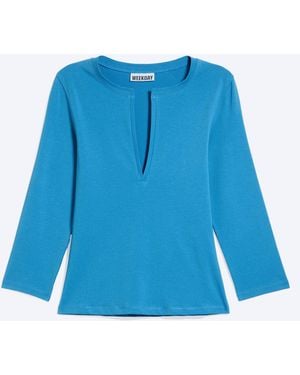 Weekday Split V-Neck Three-Quarter Sleeve Top - Blue