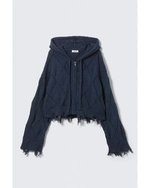 Monki Cropped Pointelle Knit Zip Hoodie - Blue