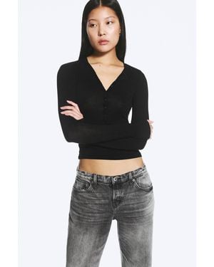 Weekday Slim Long-Sleeved Henley Top - Black