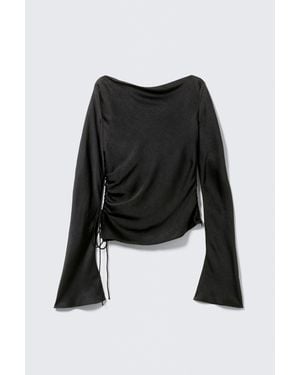 Monki Ruched Boat-Neck Trumpet Sleeve Top - Blue