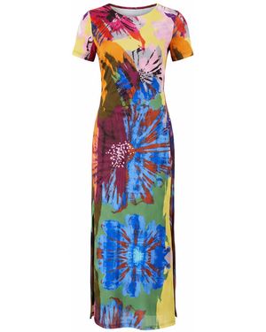 Yumi' Multicolour Abstract Floral Mesh Midi Dress - Blue