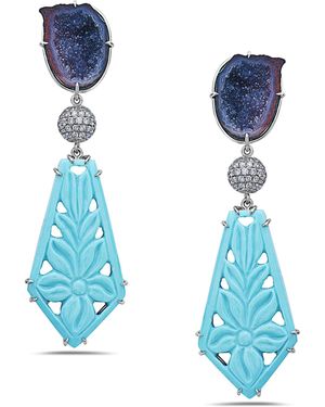 Artisan Carved Drop Earrings With Geode & Diamond Pave - Blue