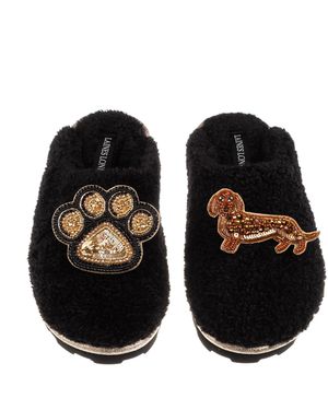 Laines London Teddy Closed Toe Slippers With Paw & Dachshund Brooches - Black