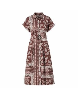 Yumi' Scarf Print Midi Shirt Dress - Brown