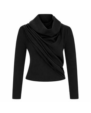 Maan Istanbul Draped Cowl Neck Long Sleeve Top Blouse - Black