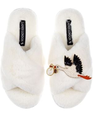 Laines London Neutrals Cream Classic Laines Slippers With Baby Boy Stork Brooch - White