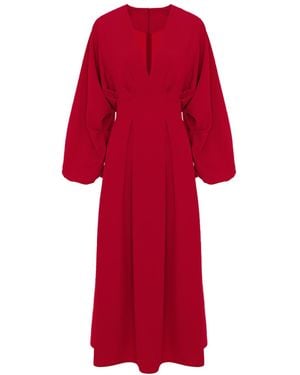 BLUZAT Midi Dress With Balloon Sleeves And V-Neck - Red