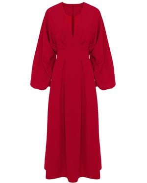BLUZAT Midi Dress With Balloon Sleeves And V-Neck - Red