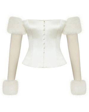 Miss Circle New York Nola Ivory Off-Shoulder Fur Trimmed Top - White