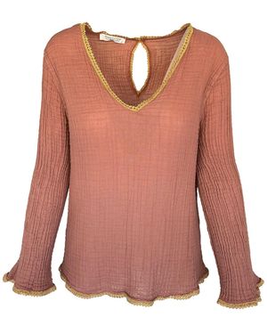 Haris Cotton Textured Cotton V-Neck Top With Trim Blush - Pink