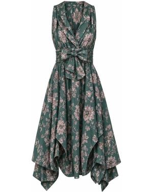 Atom Label V-Neck Ruched Dress - Green