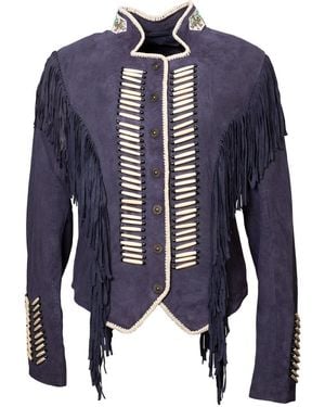 Zasta Studio Warrior Suede Leather Jacket With Fringes - Blue