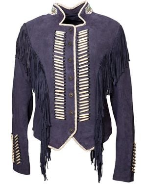 Zasta Studio Warrior Suede Leather Jacket With Fringes - Blue