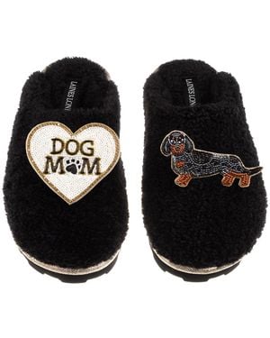 Laines London Teddy Closed Toe Slippers With Dog Mum/Mom & Dapple Dachshund Brooches - Black