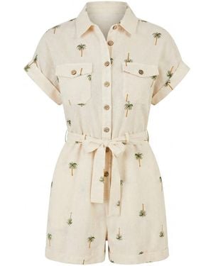 Yumi' Embroidered Palm Print Cotton Playsuit - Natural