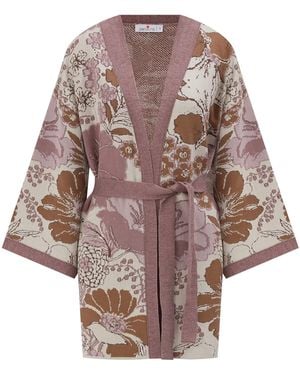 Peraluna Floral Pattern Shimmer Detailed Short Knit Kimono - Brown