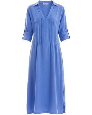 Haris Cotton Linen Three Quarters Sleeve Dress With Deep V Neck Line And Pintucks Regatta - Blue