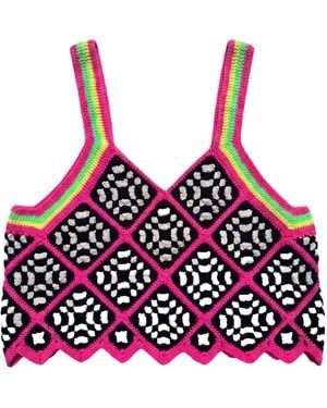 Ana Chic Neon Trim Granny Square Handmade Crochet Crop Top - Red