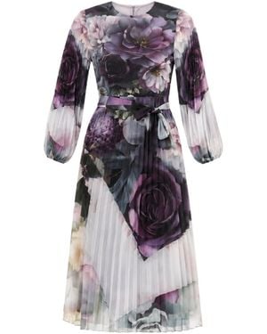 John Abgin Placement Floral Pleated Midi Dress - Blue