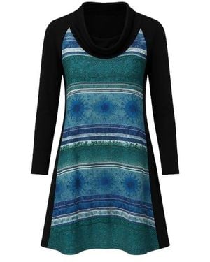 Conquista A Line Print Dress With Turtle Neck - Green