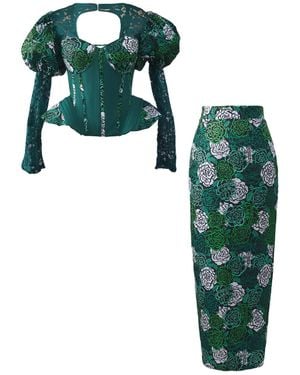 Spring Stitches Niniola Cotton Corset Top, Maxi Skirt & Head-Wrap Set - Green