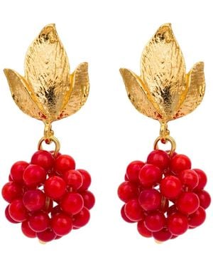 Kybele Studio Berry Cluster Earrings With Leaf Design - Red
