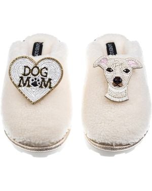 Laines London Teddy Closed Toe Slippers With The Italian Greyhound & Dog Mum Mom Brooches - White